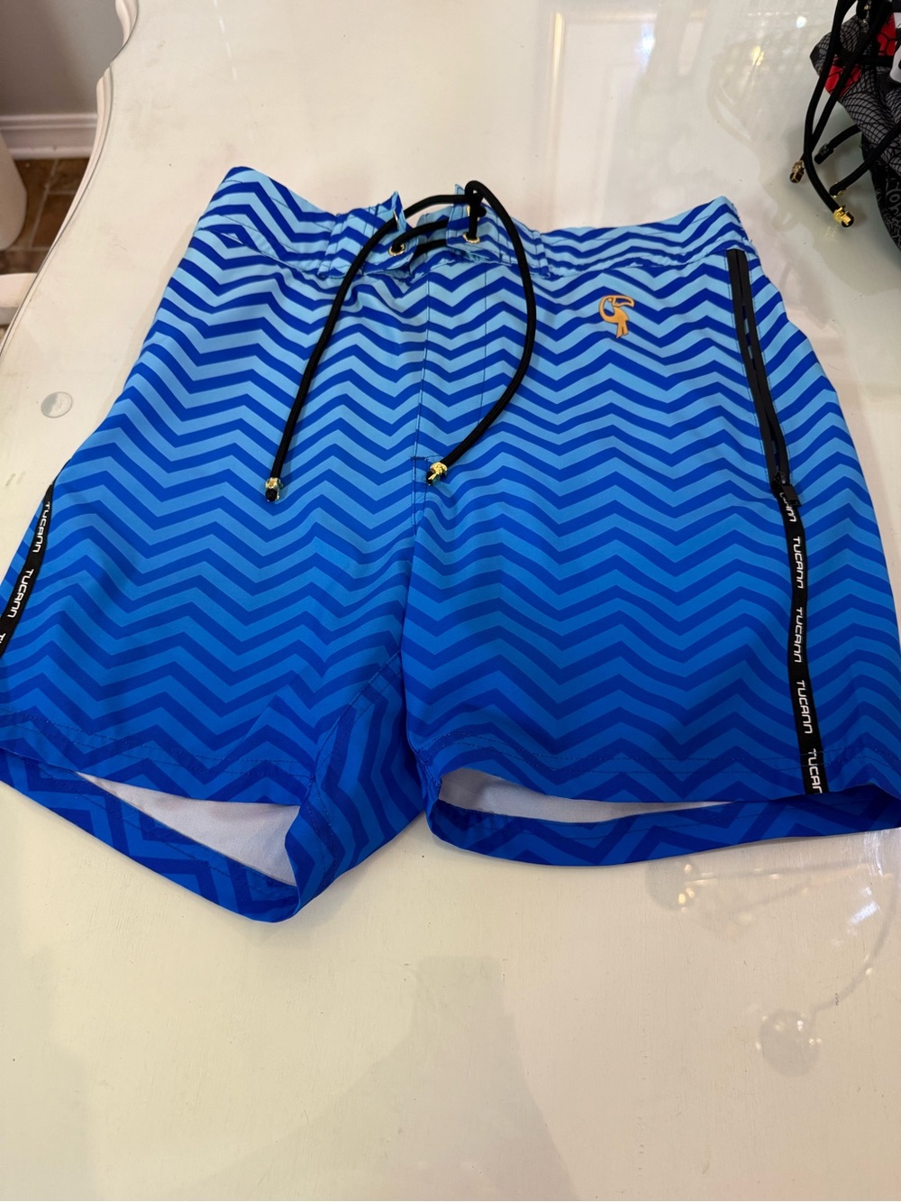 Men's Blue Chevron Swim Trunks with Drawstring 5”